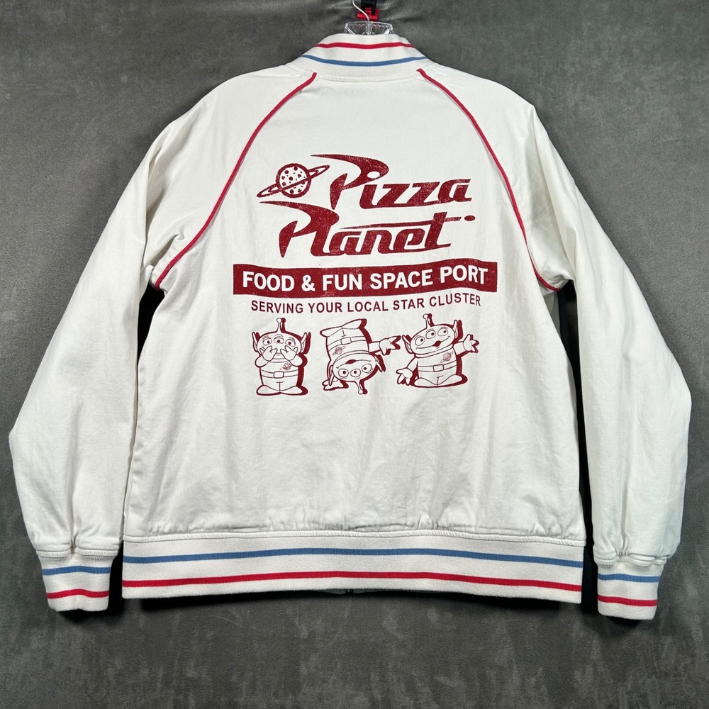 Disney Toy Story Pizza Planet Bomber Jacket White Red Blue Mens Small Zip Up